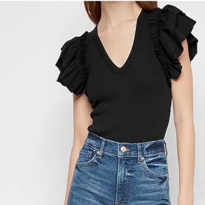 Express V-Neck Ruffle Sleeve Thong Bodysuit
